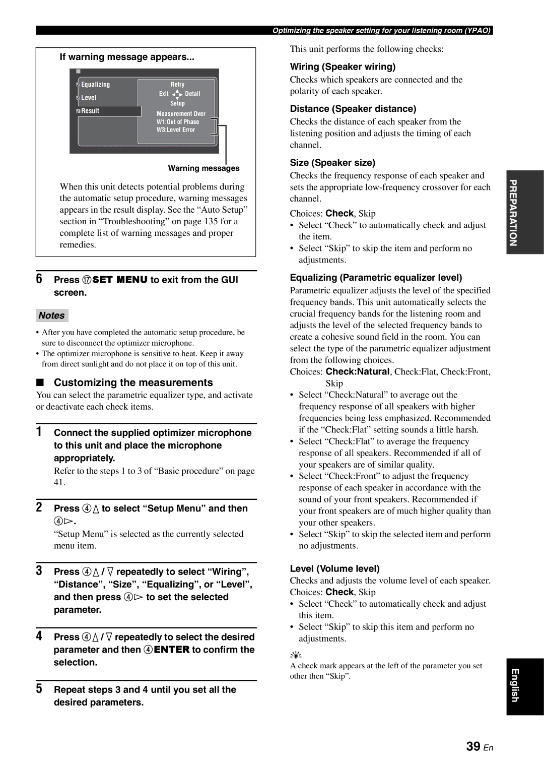 Yamaha RX-V3800 owner manual 39 En, Customizing the measurements 