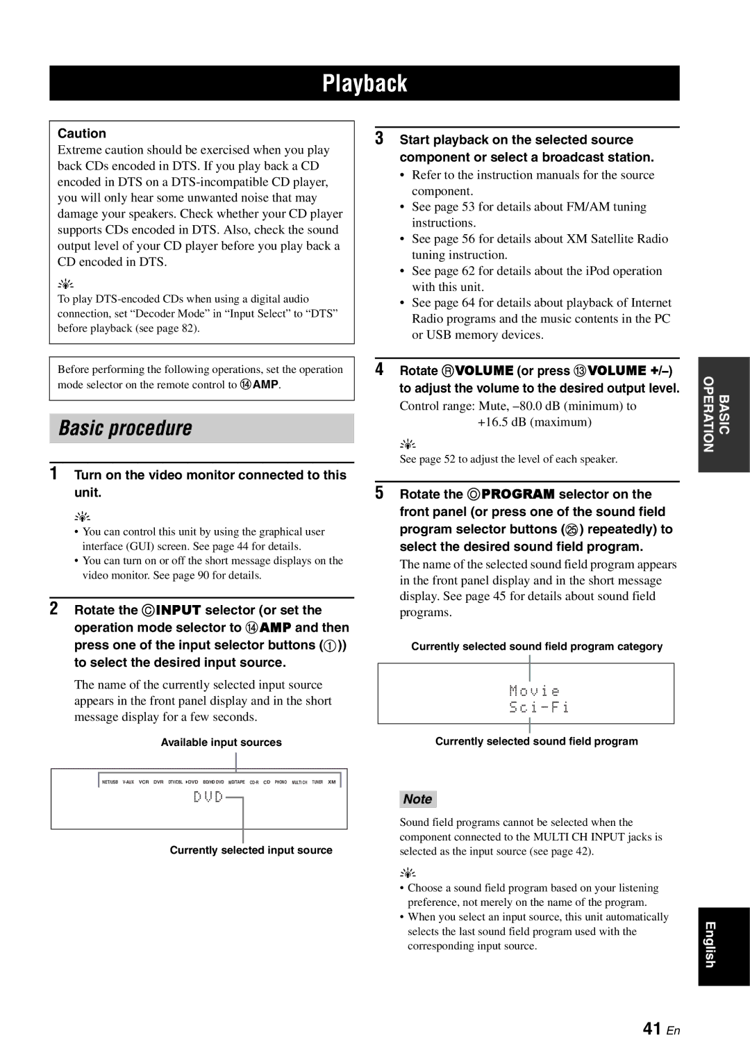 Yamaha RX-V3800 owner manual Playback, Basic procedure, 41 En, Turn on the video monitor connected to this unit 