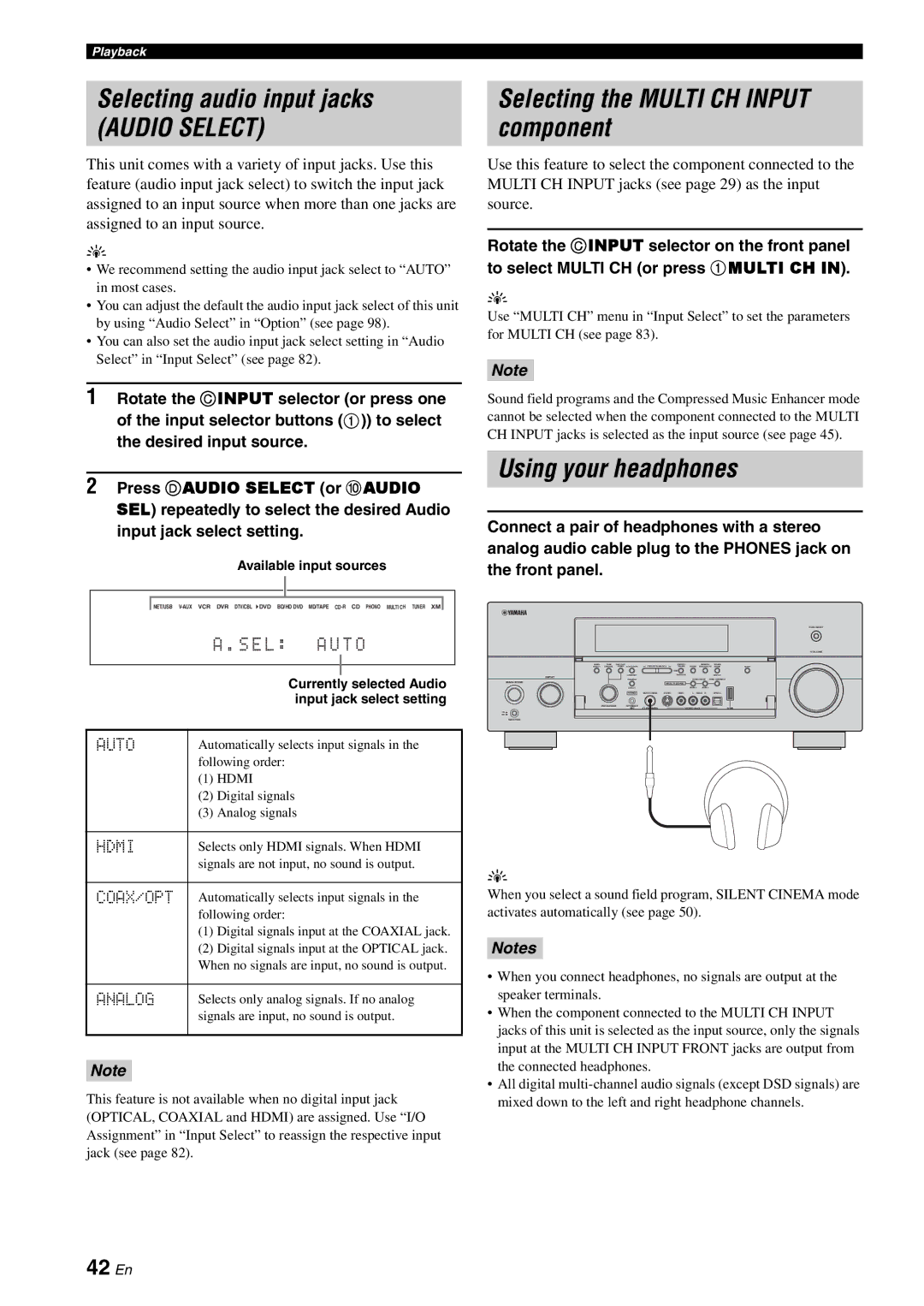 Yamaha RX-V3800 Selecting audio input jacks, Selecting the Multi CH Input component, Using your headphones, 42 En 