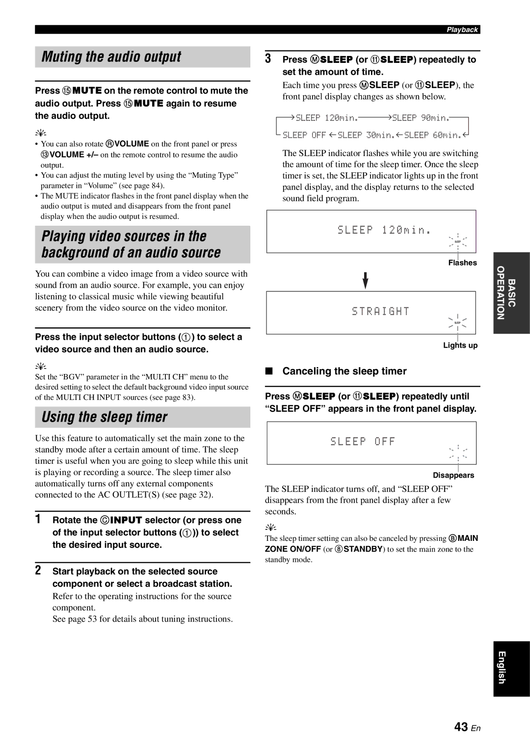 Yamaha RX-V3800 owner manual Muting the audio output, Using the sleep timer, 43 En, Canceling the sleep timer 