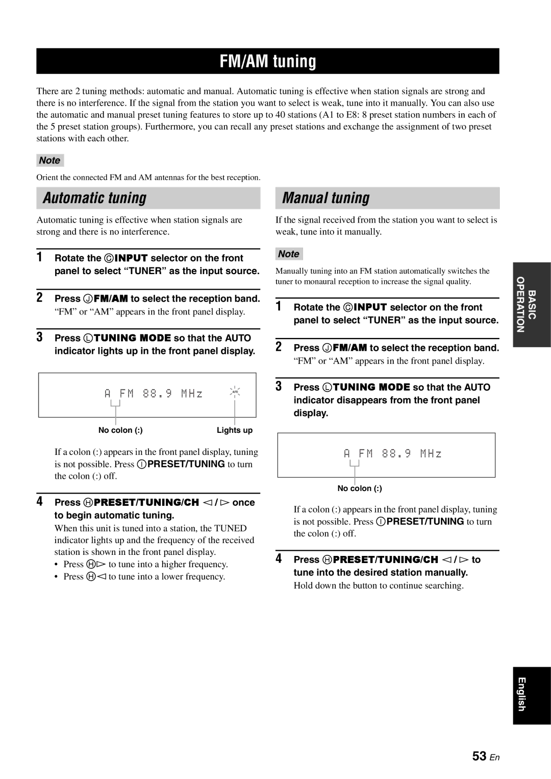 Yamaha RX-V3800 owner manual FM/AM tuning, Automatic tuning, Manual tuning, 53 En 