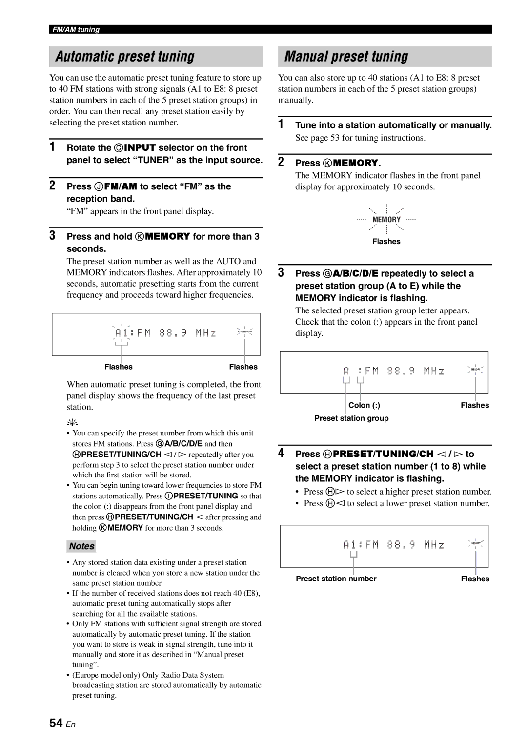 Yamaha RX-V3800 owner manual Automatic preset tuning, Manual preset tuning, 54 En 