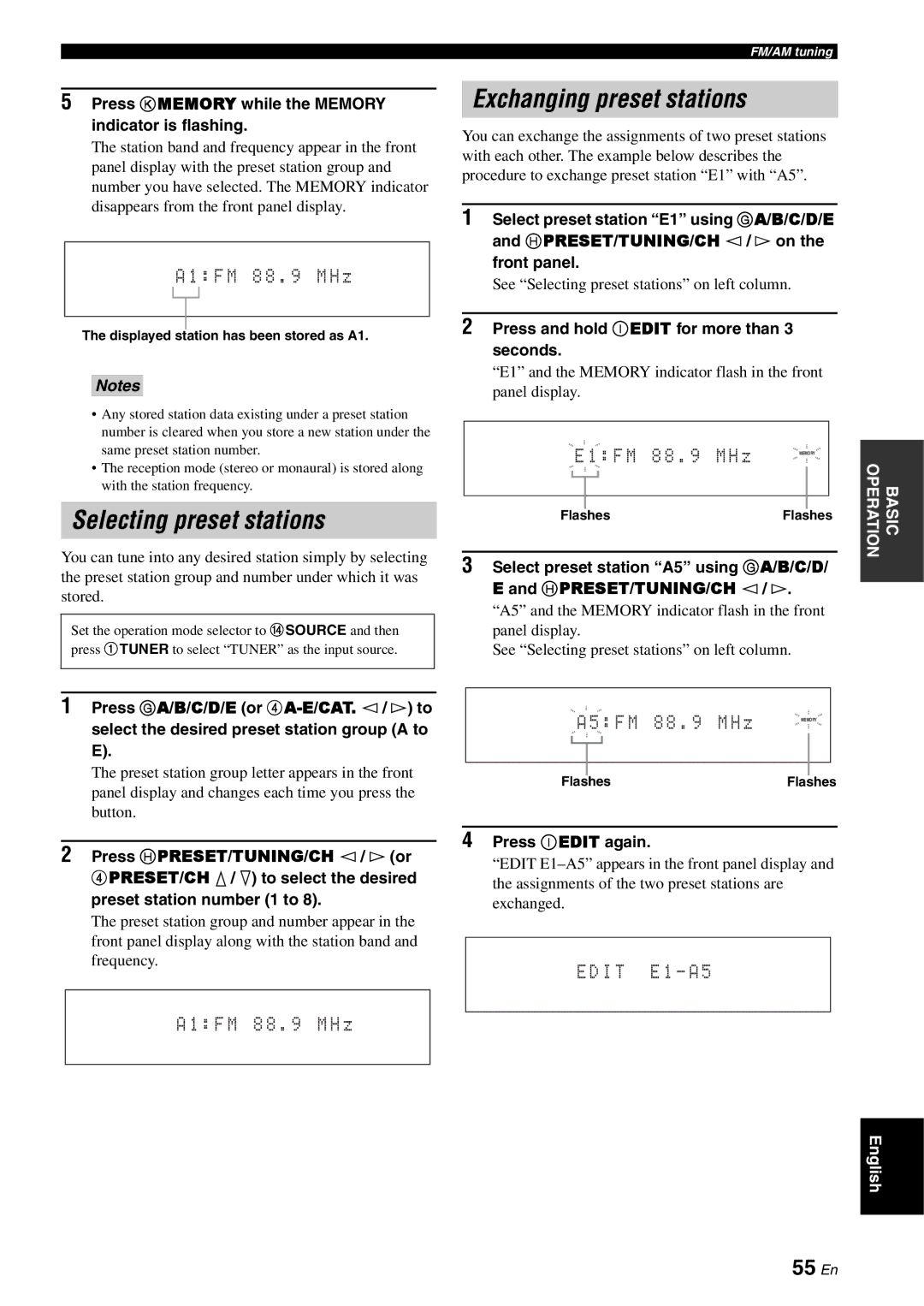 Yamaha RX-V3800 owner manual Selecting preset stations, Exchanging preset stations, 55 En 