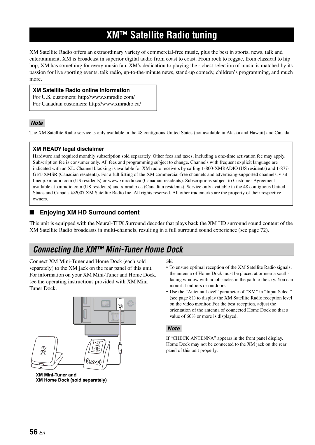 Yamaha RX-V3800 XM Satellite Radio tuning, Connecting the XM Mini-Tuner Home Dock, 56 En, Enjoying XM HD Surround content 