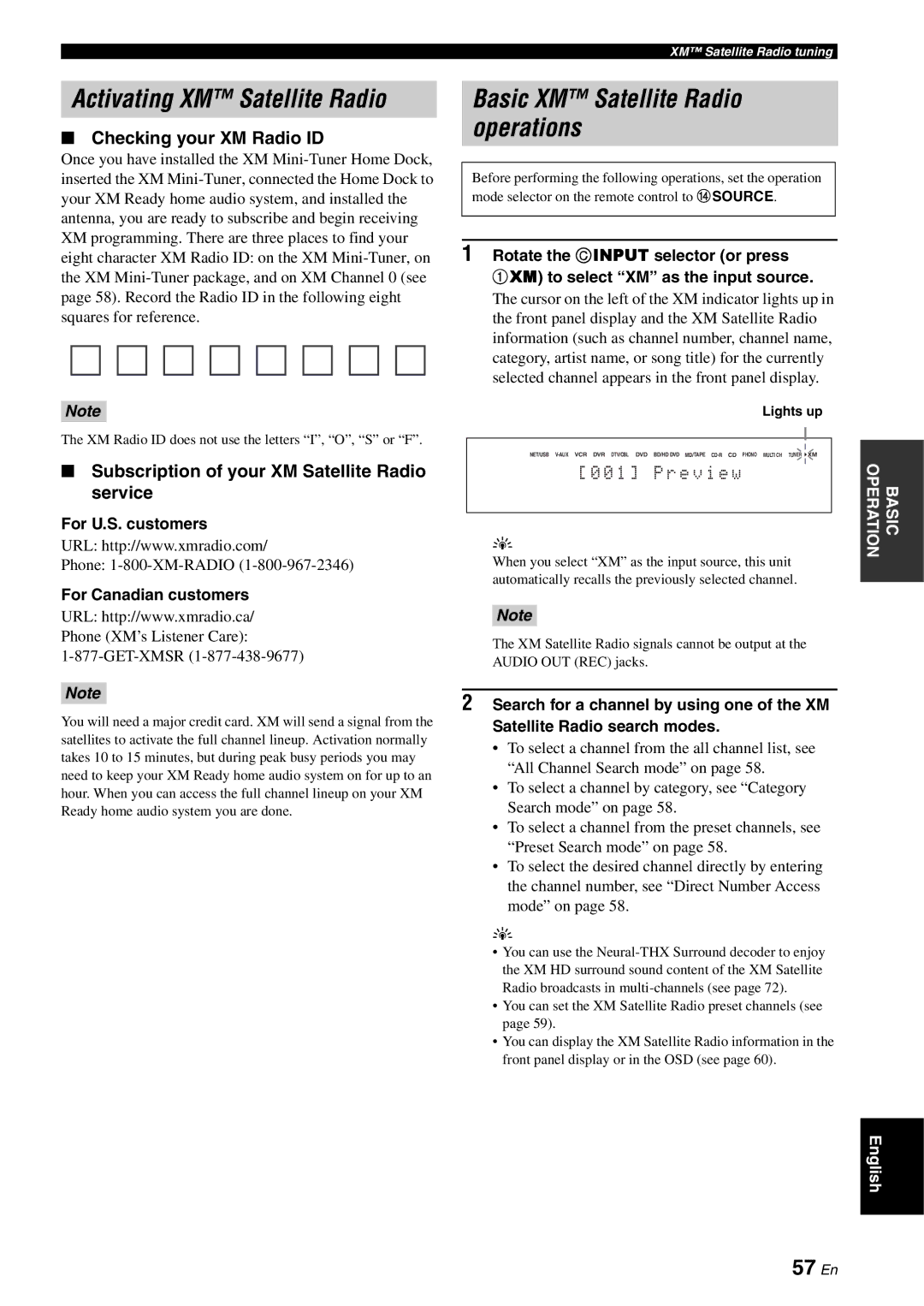 Yamaha RX-V3800 Activating XM Satellite Radio, Basic XM Satellite Radio operations, 57 En, Checking your XM Radio ID 