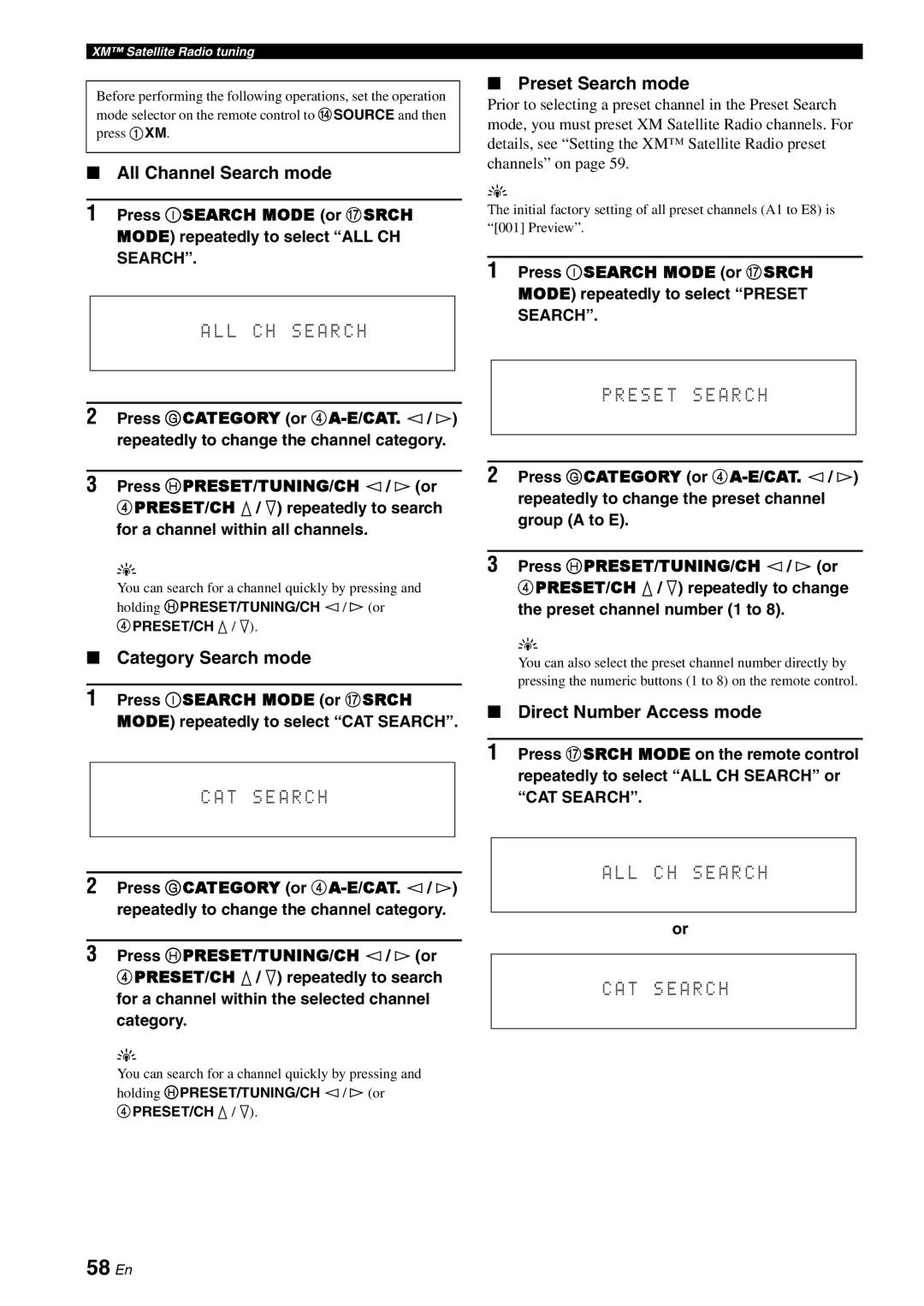 Yamaha RX-V3800 58 En, All Channel Search mode, Category Search mode, Preset Search mode, Direct Number Access mode 