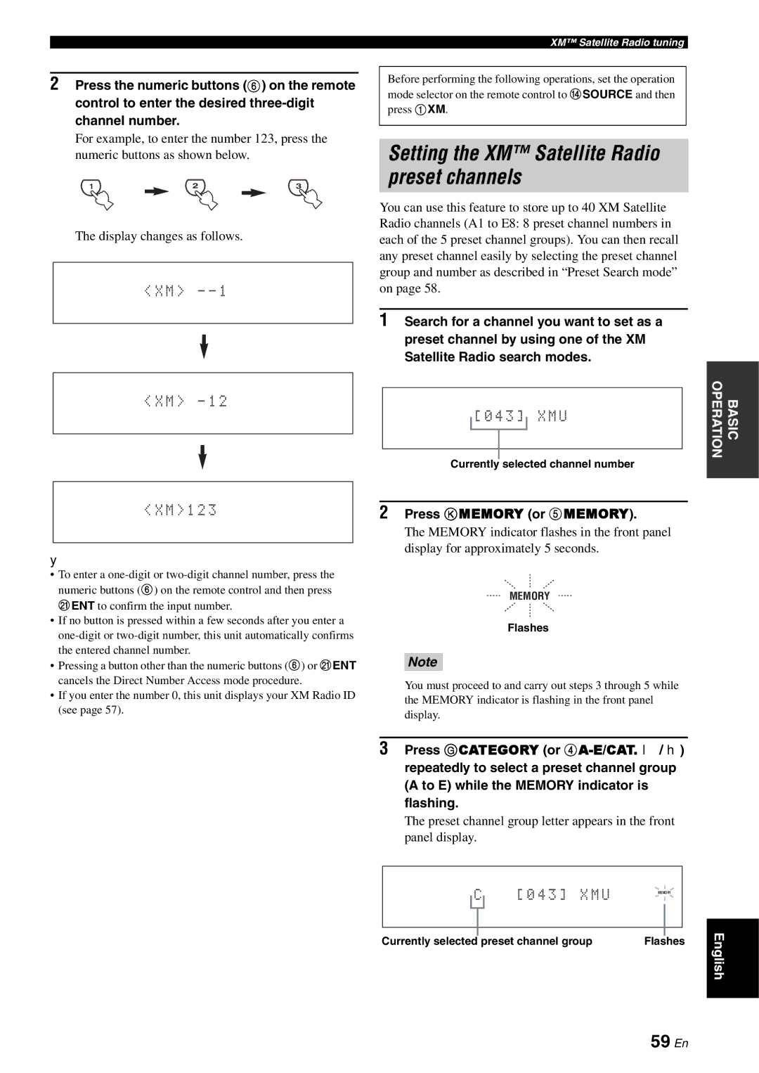 Yamaha RX-V3800 owner manual Setting the XM Satellite Radio preset channels, 59 En, Currently selected channel number 