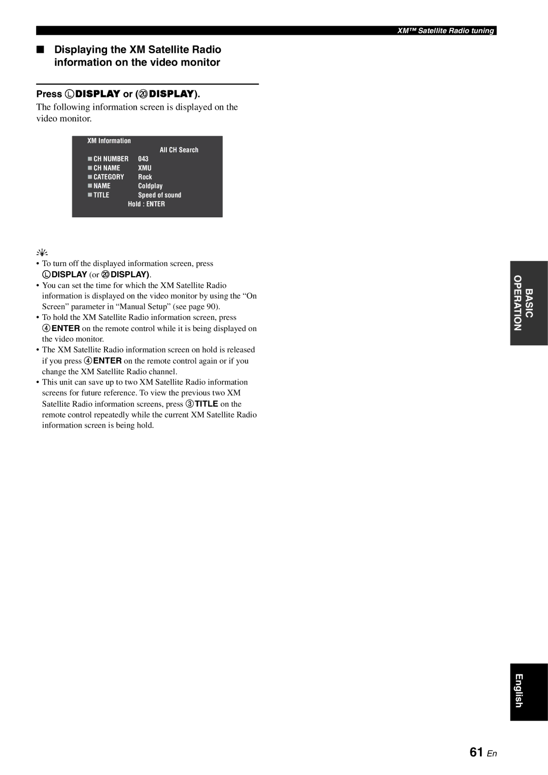 Yamaha RX-V3800 owner manual 61 En, To turn off the displayed information screen, press, Ldisplay or Jdisplay 