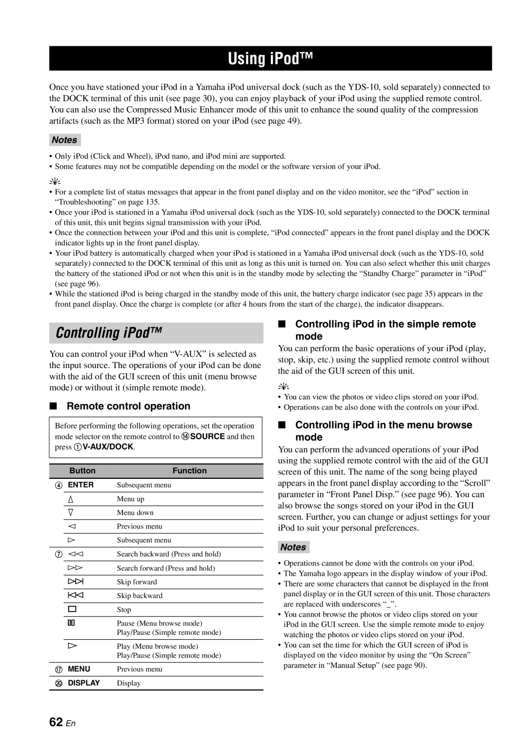 Yamaha RX-V3800 owner manual Using iPod, Controlling iPod, 62 En 