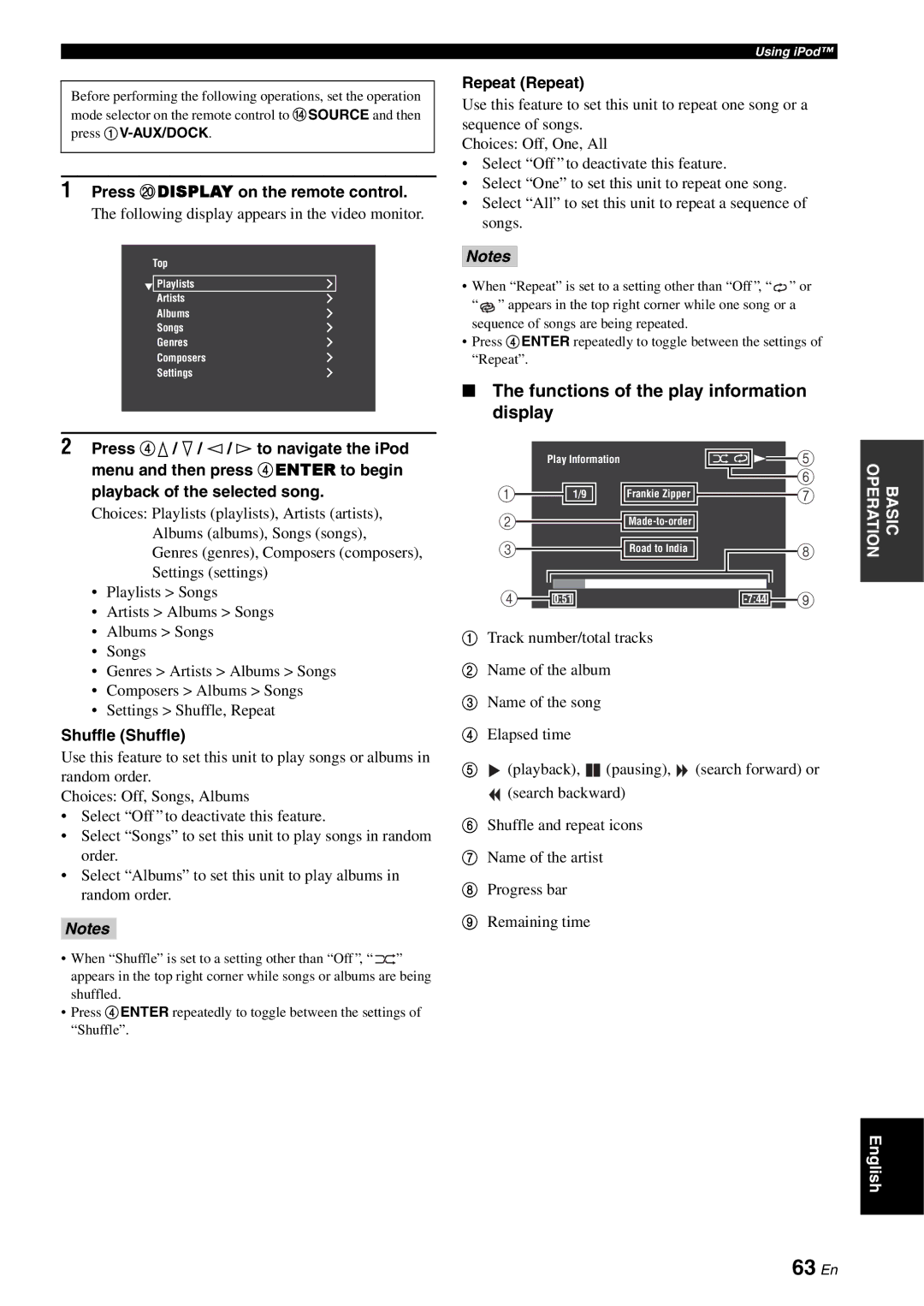 Yamaha RX-V3800 63 En, Functions of the play information display, Press Jdisplay on the remote control, Shuffle Shuffle 