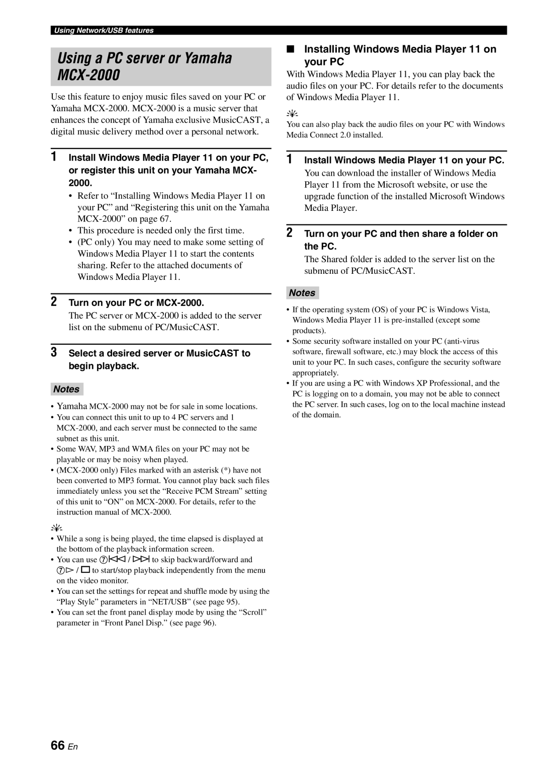 Yamaha RX-V3800 owner manual Using a PC server or Yamaha MCX-2000, 66 En, Installing Windows Media Player 11 on Your PC 