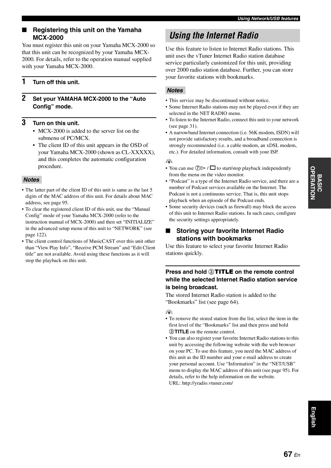 Yamaha RX-V3800 Using the Internet Radio, 67 En, Registering this unit on the Yamaha MCX-2000, URL http//yradio.vtuner.com 