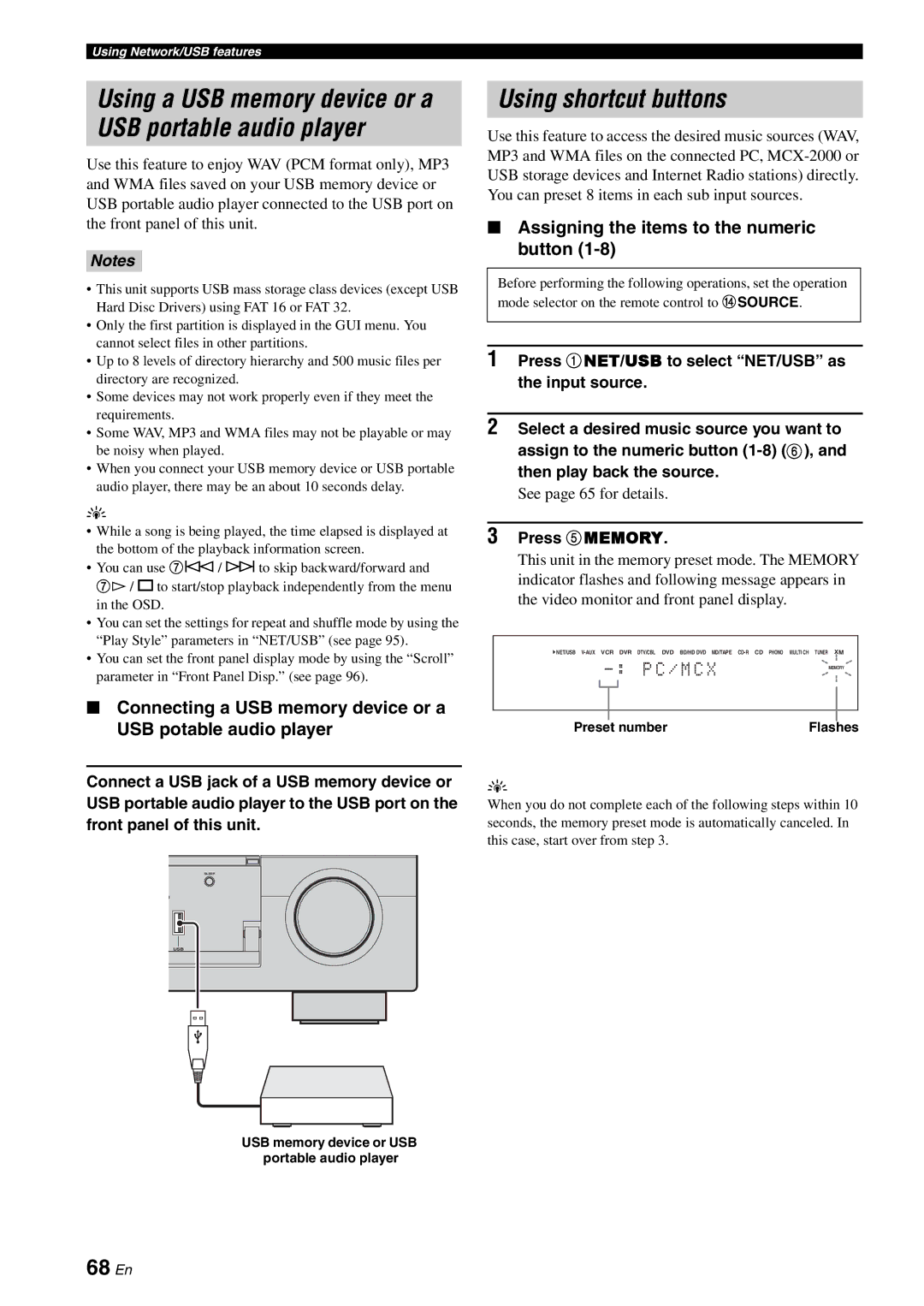 Yamaha RX-V3800 Using shortcut buttons, 68 En, Assigning the items to the numeric button, See page 65 for details 