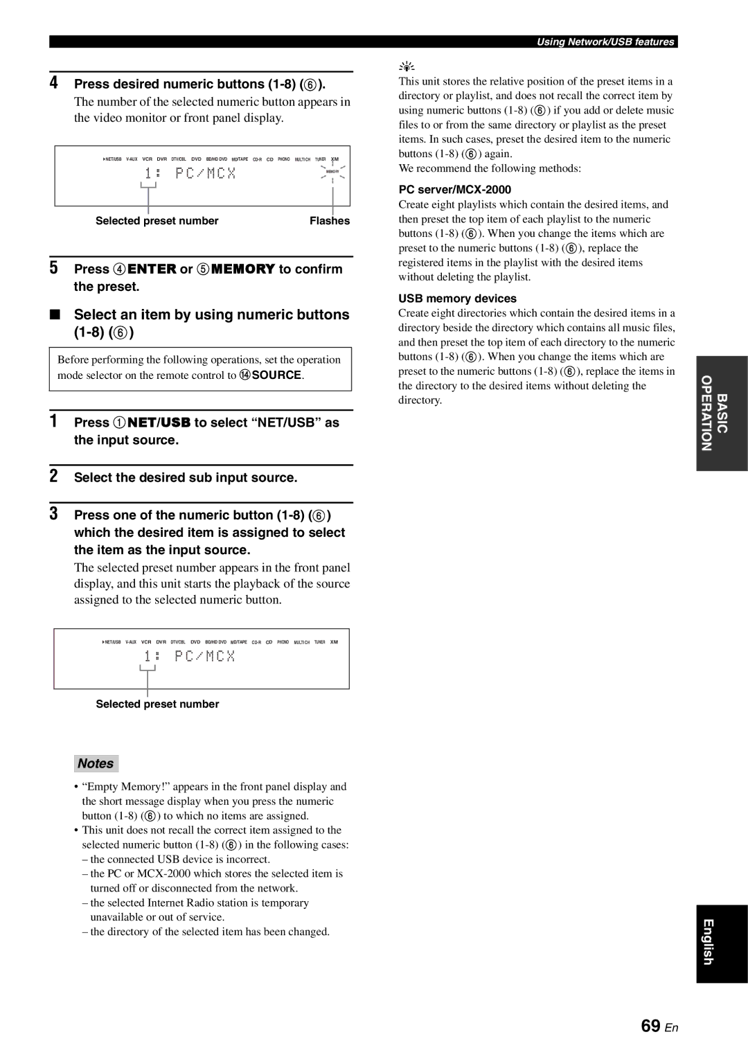 Yamaha RX-V3800 owner manual 69 En, Select an item by using numeric buttons 1-8, Press desired numeric buttons 1-8 