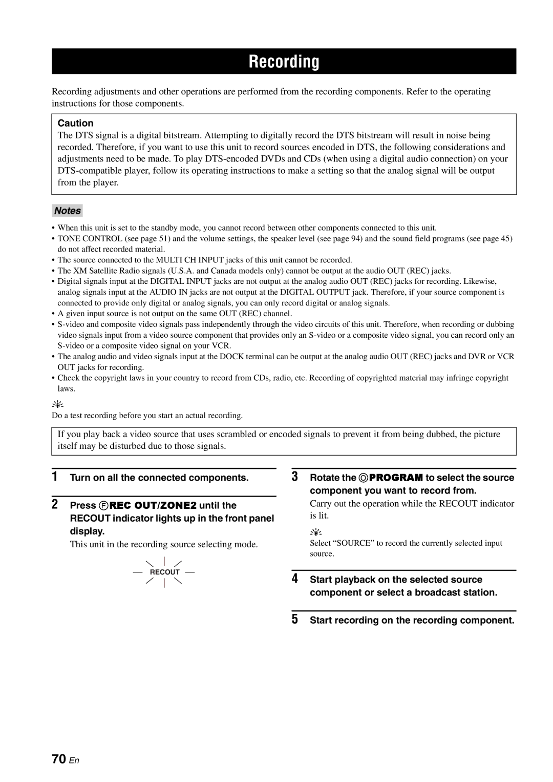 Yamaha RX-V3800 owner manual Recording, 70 En, This unit in the recording source selecting mode 