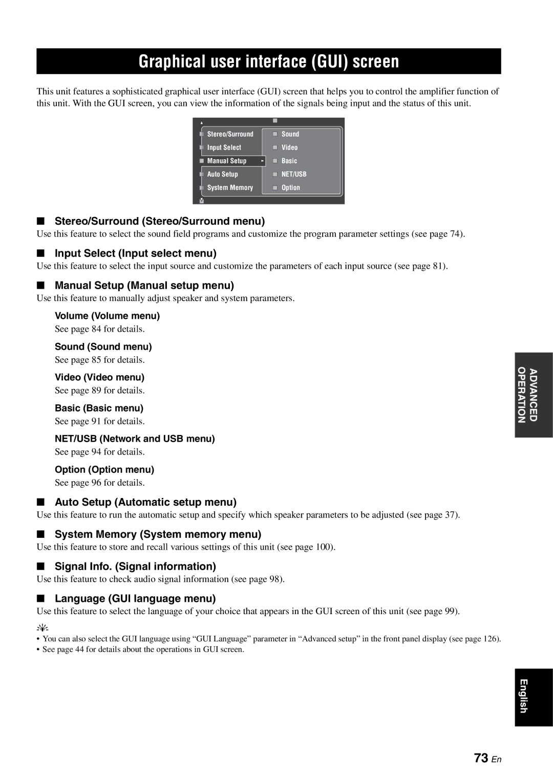 Yamaha RX-V3800 owner manual Graphical user interface GUI screen, 73 En 