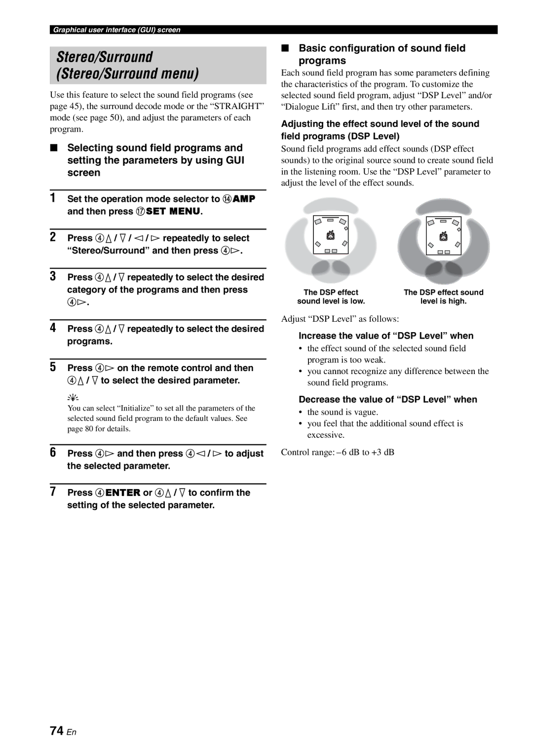 Yamaha RX-V3800 owner manual 74 En, Basic configuration of sound field Programs, Adjust DSP Level as follows 