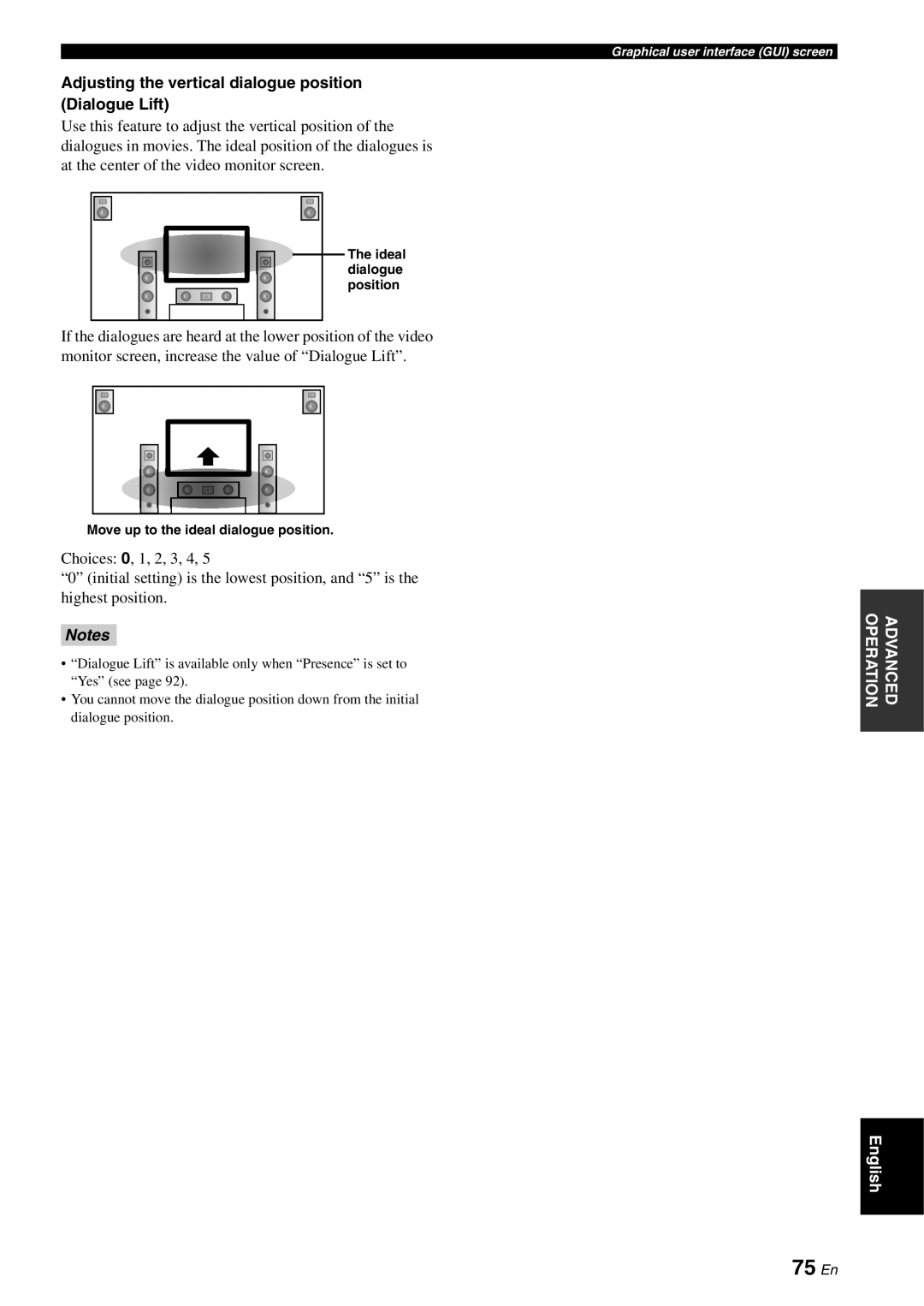 Yamaha RX-V3800 owner manual 75 En, Adjusting the vertical dialogue position Dialogue Lift, Ideal dialogue position 