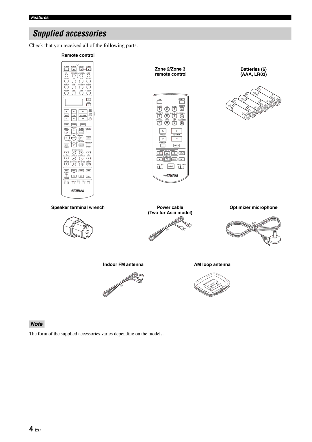 Yamaha RX-V3800 owner manual Supplied accessories, Check that you received all of the following parts 