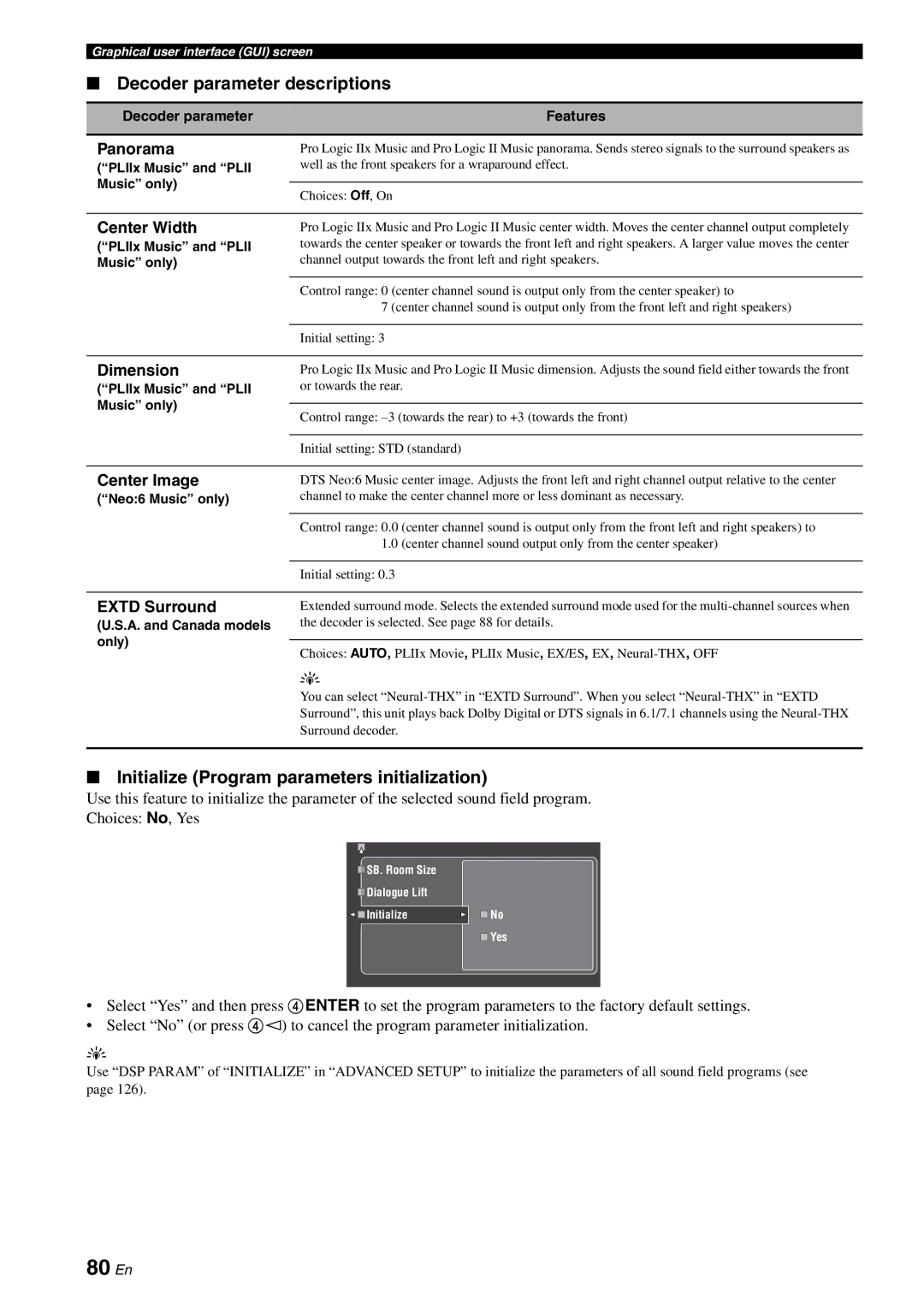 Yamaha RX-V3800 owner manual 80 En, Decoder parameter descriptions, Initialize Program parameters initialization 