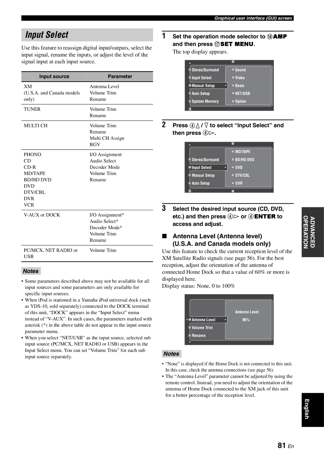 Yamaha RX-V3800 Input Select, 81 En, Antenna Level Antenna level A. and Canada models only, Top display appears 
