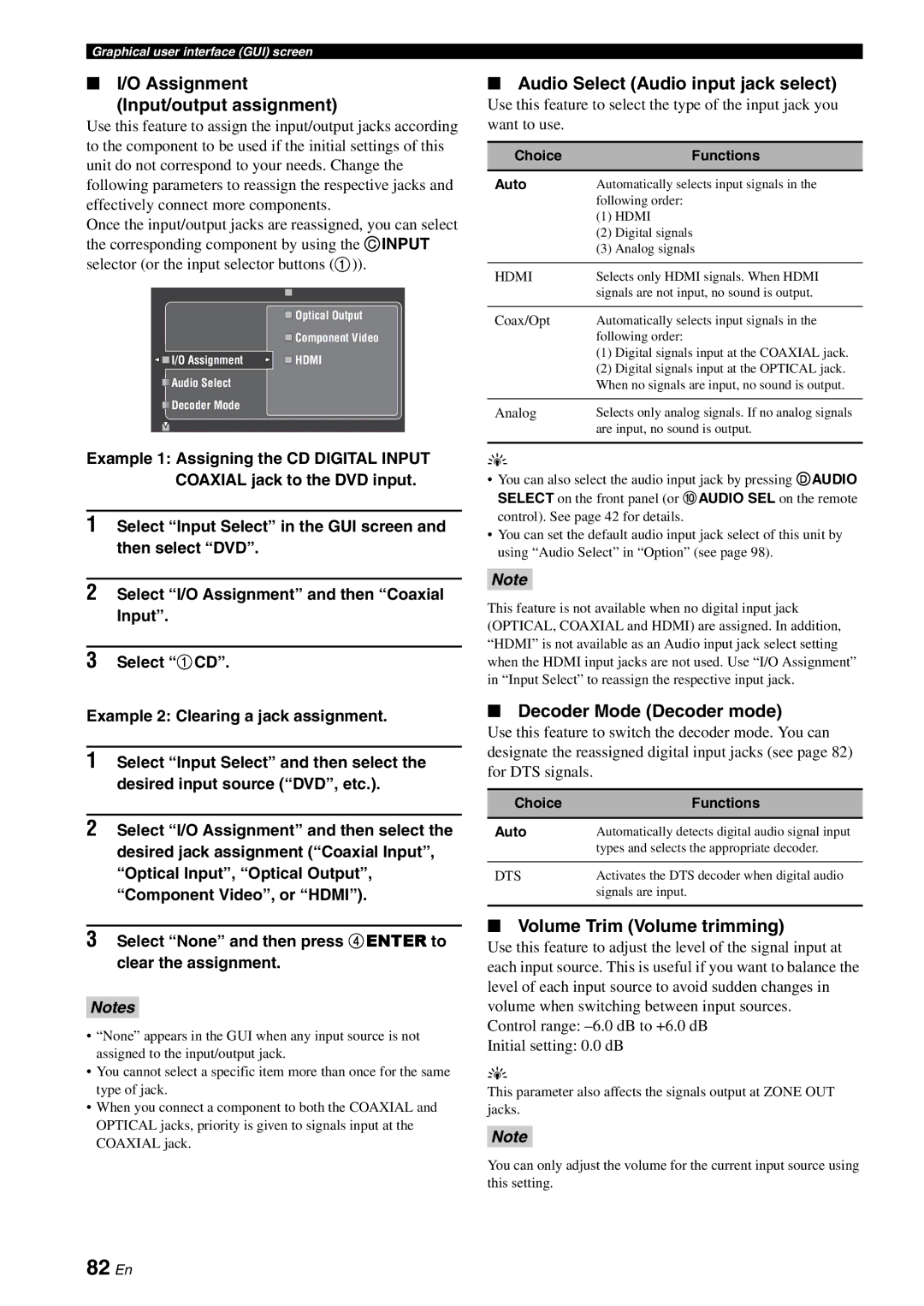 Yamaha RX-V3800 82 En, Assignment Input/output assignment, Audio Select Audio input jack select, Decoder Mode Decoder mode 