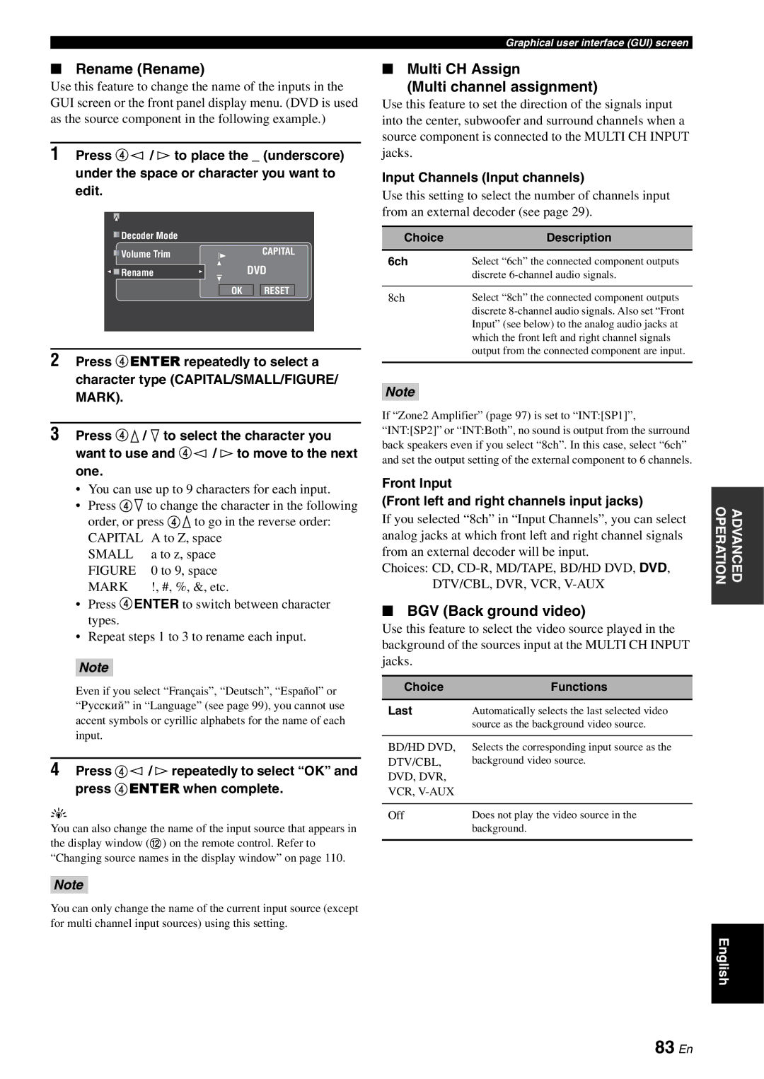 Yamaha RX-V3800 owner manual 83 En, Rename Rename, Multi CH Assign Multi channel assignment, BGV Back ground video 