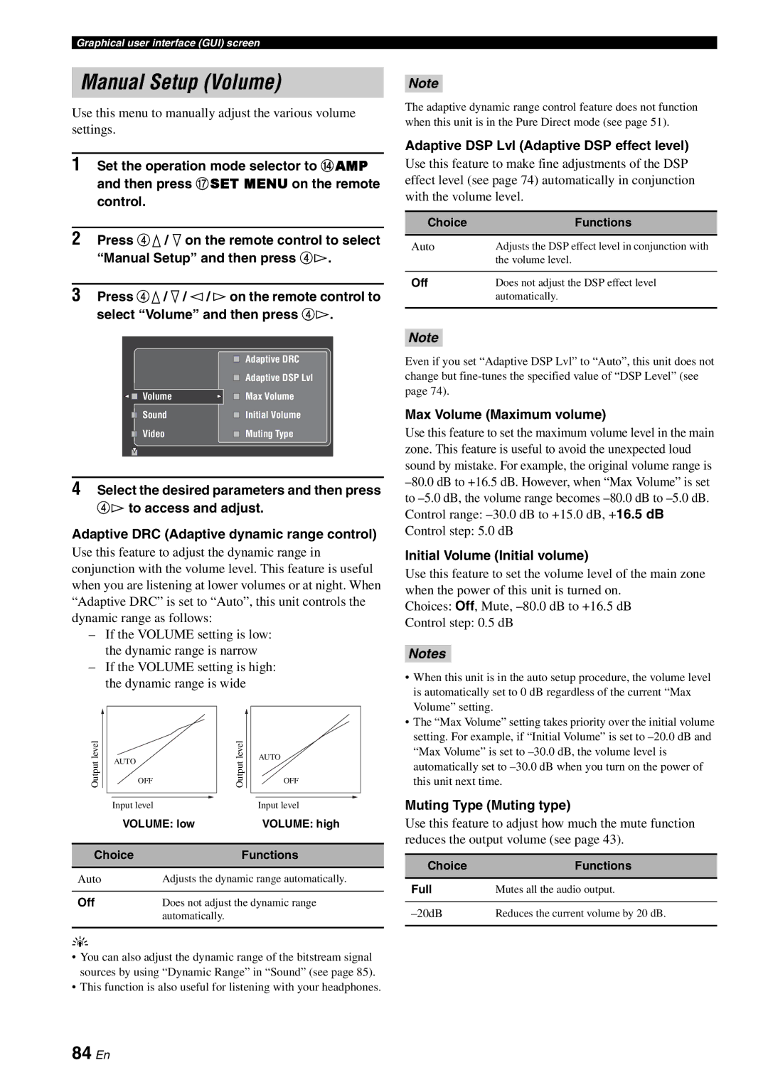 Yamaha RX-V3800 owner manual Manual Setup Volume, 84 En 