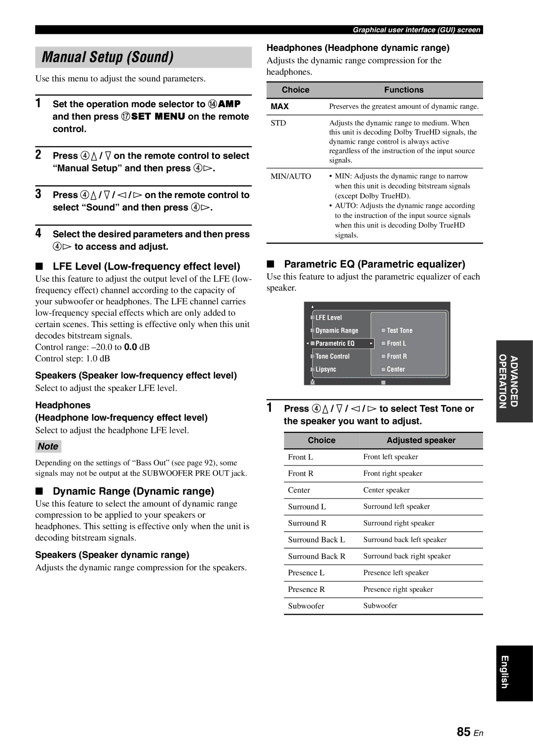 Yamaha RX-V3800 owner manual Manual Setup Sound, 85 En, LFE Level Low-frequency effect level, Dynamic Range Dynamic range 