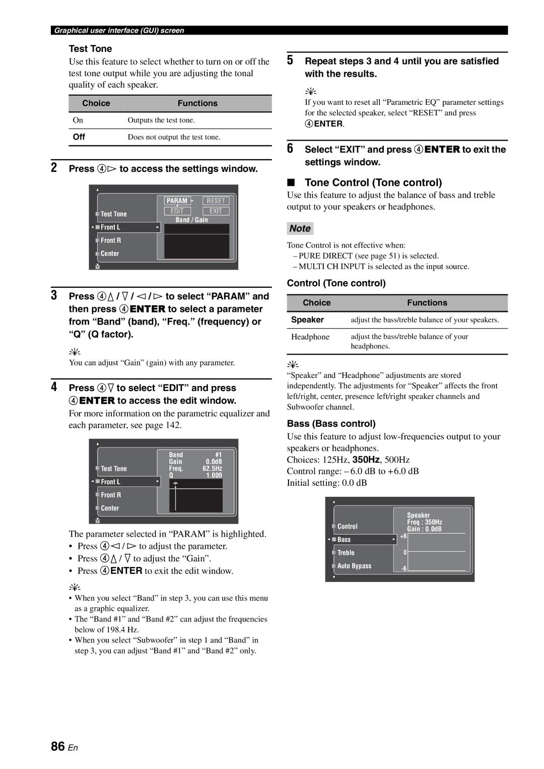 Yamaha RX-V3800 owner manual 86 En, Tone Control Tone control 