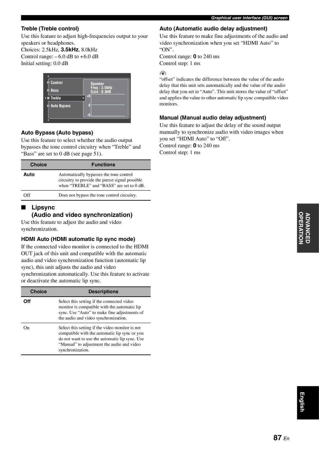 Yamaha RX-V3800 owner manual 87 En, Lipsync Audio and video synchronization 