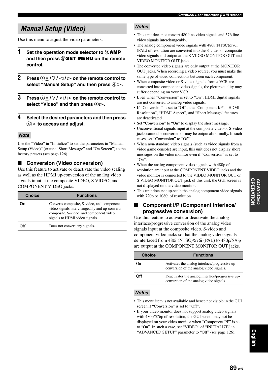 Yamaha RX-V3800 Manual Setup Video, 89 En, Conversion Video conversion, Use this menu to adjust the video parameters 