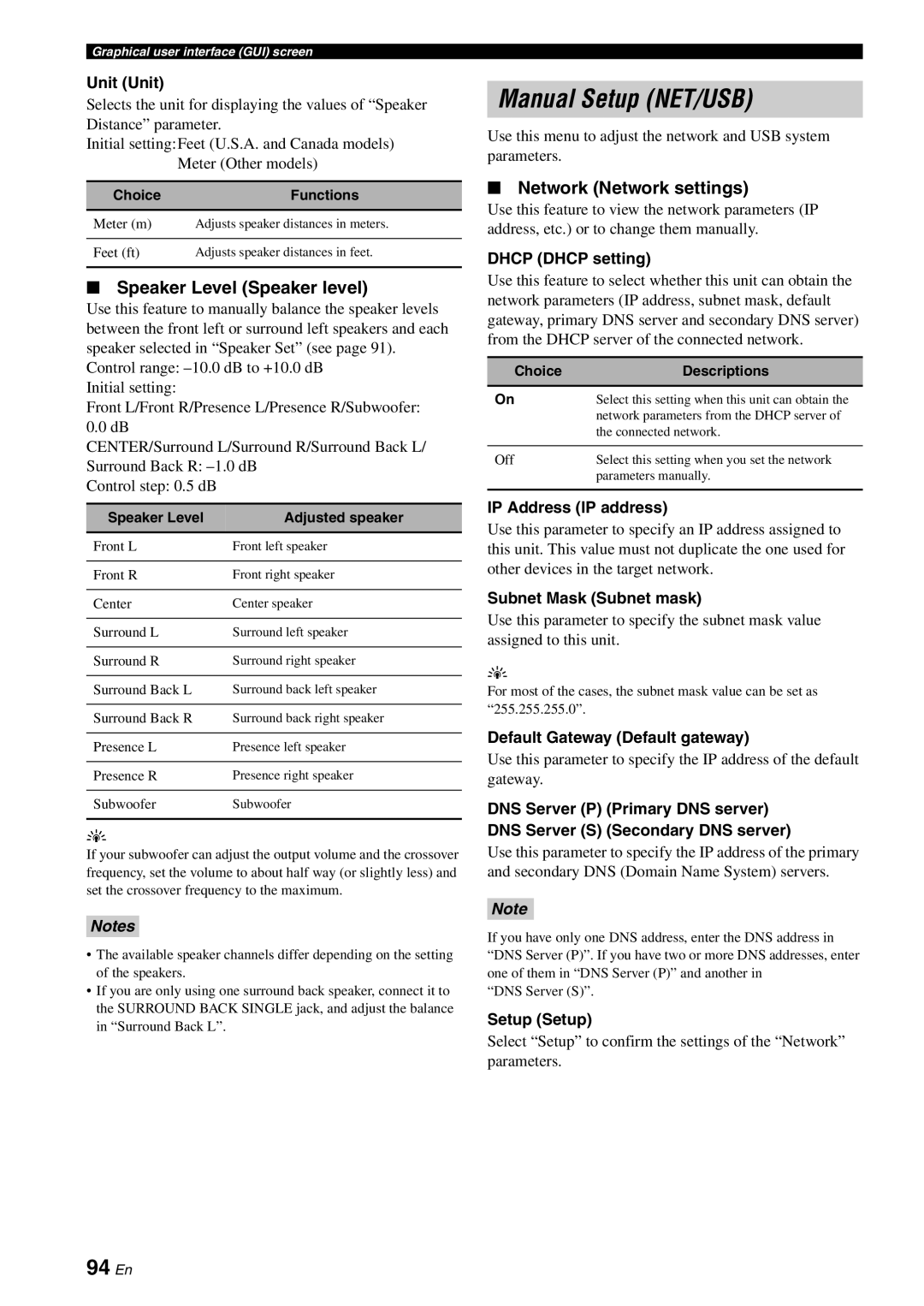 Yamaha RX-V3800 owner manual Manual Setup NET/USB, 94 En, Speaker Level Speaker level, Network Network settings 