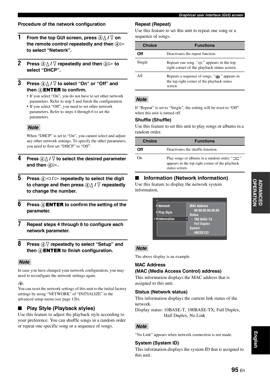 Yamaha RX-V3800 owner manual 95 En, Play Style Playback styles, Information Network information 