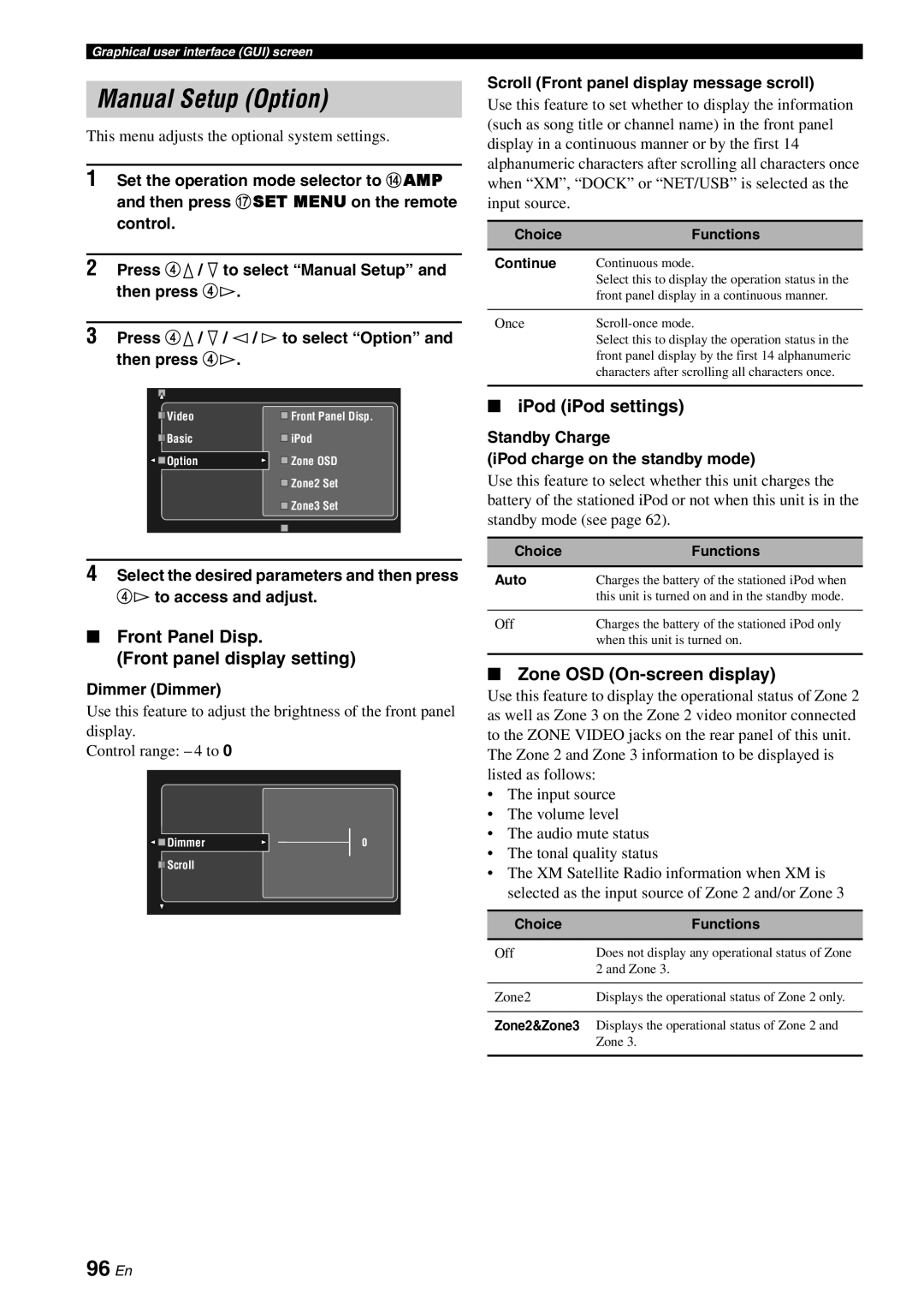 Yamaha RX-V3800 owner manual Manual Setup Option, 96 En, Front Panel Disp Front panel display setting, iPod iPod settings 
