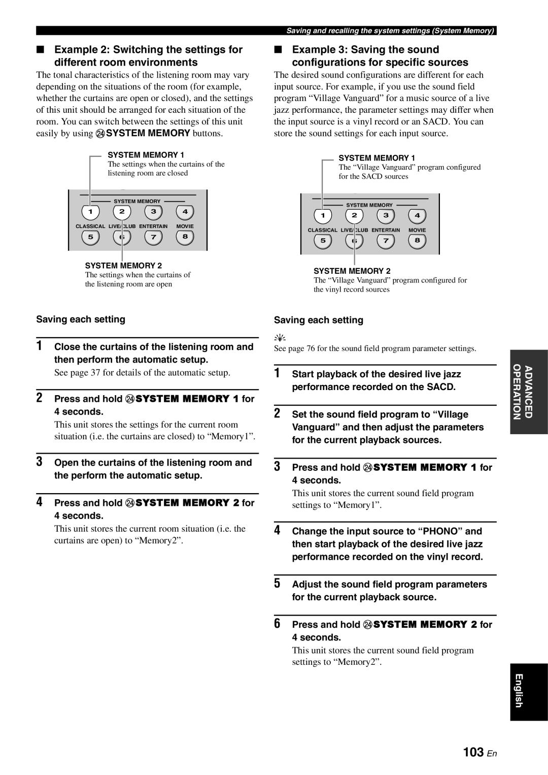 Yamaha RX-V3800 owner manual 103 En, Example 2 Switching the settings for different room environments, Saving each setting 