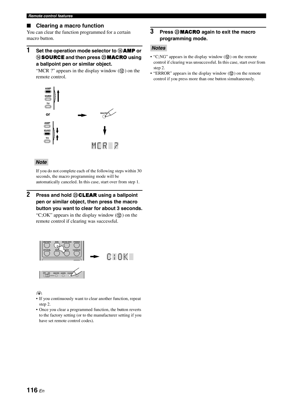 Yamaha RX-V3800 owner manual 116 En, Clearing a macro function, Press MMACRO again to exit the macro programming mode 