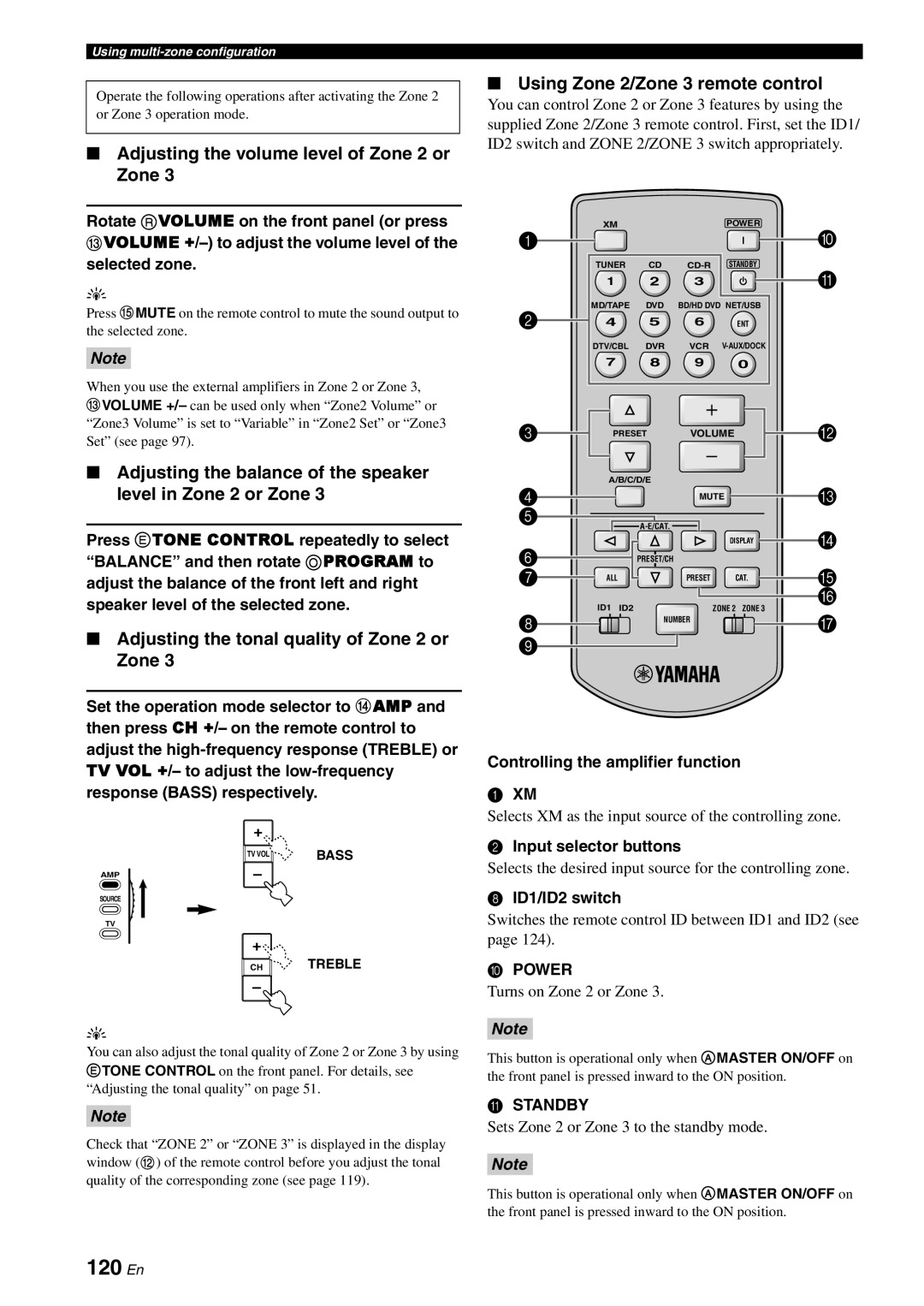 Yamaha RX-V3800 120 En, Adjusting the volume level of Zone 2 or Zone, Adjusting the tonal quality of Zone 2 or Zone, Power 