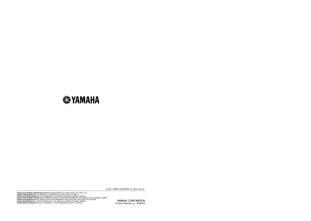 Yamaha RX-V3800 owner manual Printed in Malaysia, WK69470, All rights reserved 