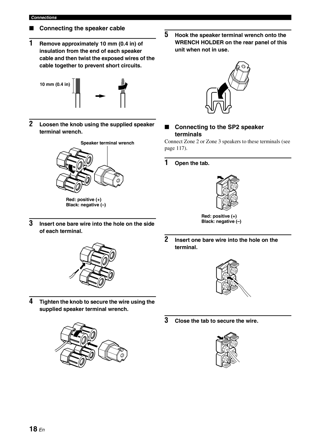 Yamaha RX-V3800 owner manual 18 En, Connecting the speaker cable, Connecting to the SP2 speaker terminals, Open the tab 