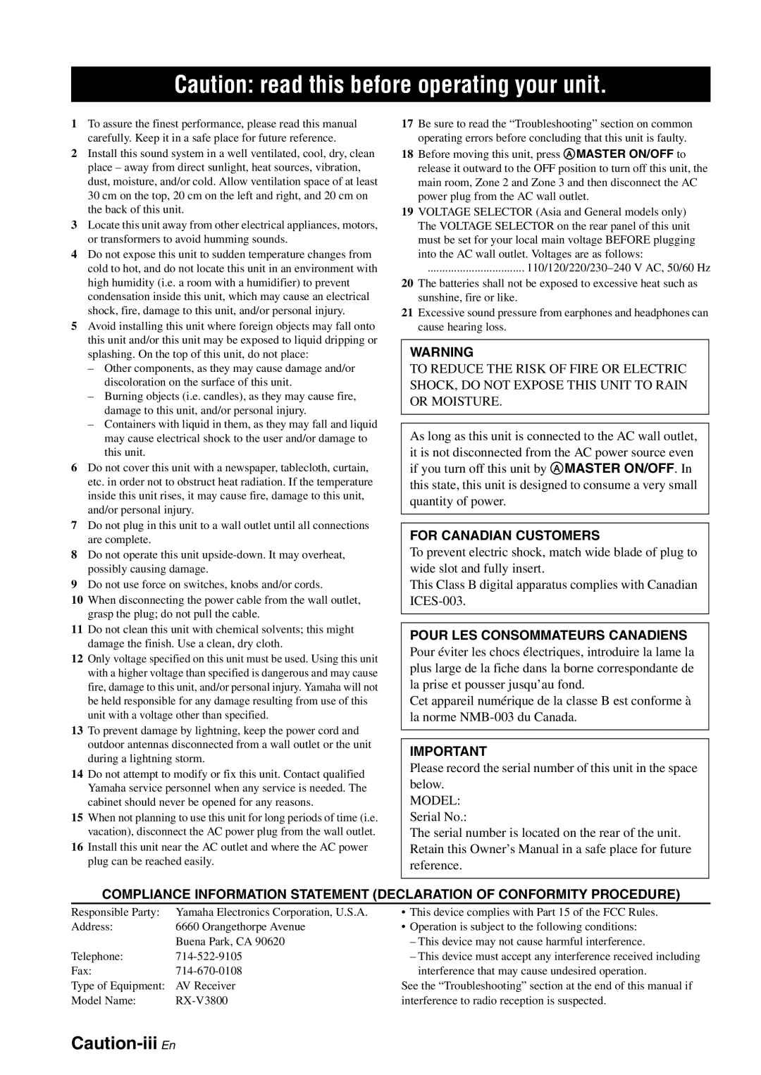 Yamaha RX-V3800 owner manual Caution read this before operating your unit, Caution-iii En, For Canadian Customers 