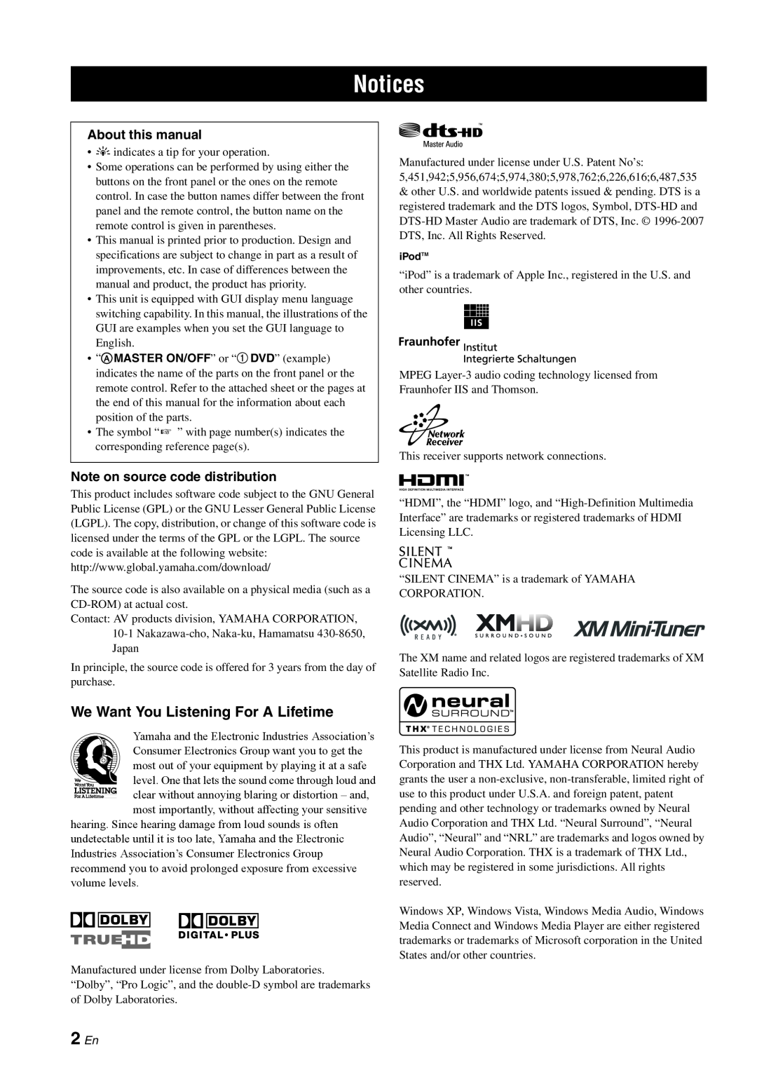 Yamaha RX-V3800 Notices, 2 En, We Want You Listening For A Lifetime, About this manual, Note on source code distribution 