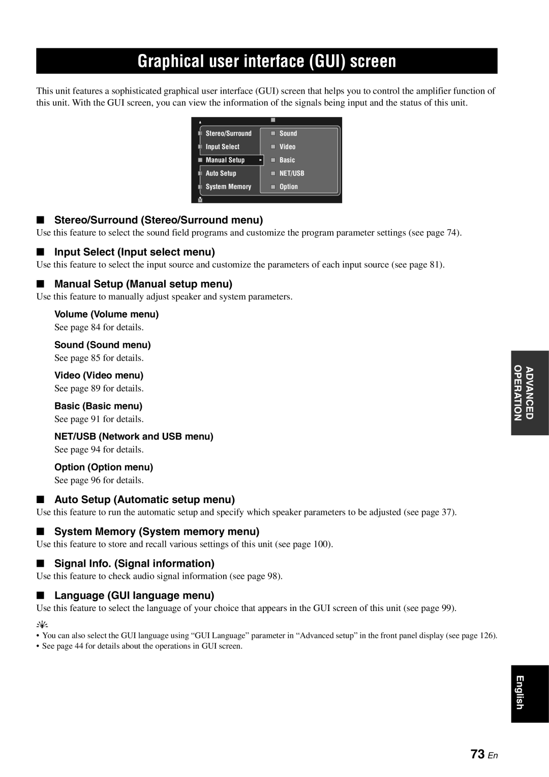 Yamaha RX-V3800 Graphical user interface GUI screen, 73 En, Stereo/Surround Stereo/Surround menu, Volume Volume menu 