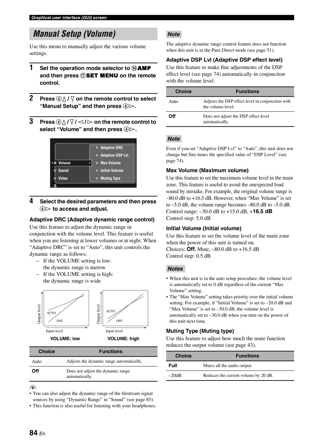 Yamaha RX-V3800 Manual Setup Volume, 84 En, Adaptive DRC Adaptive dynamic range control, Max Volume Maximum volume 