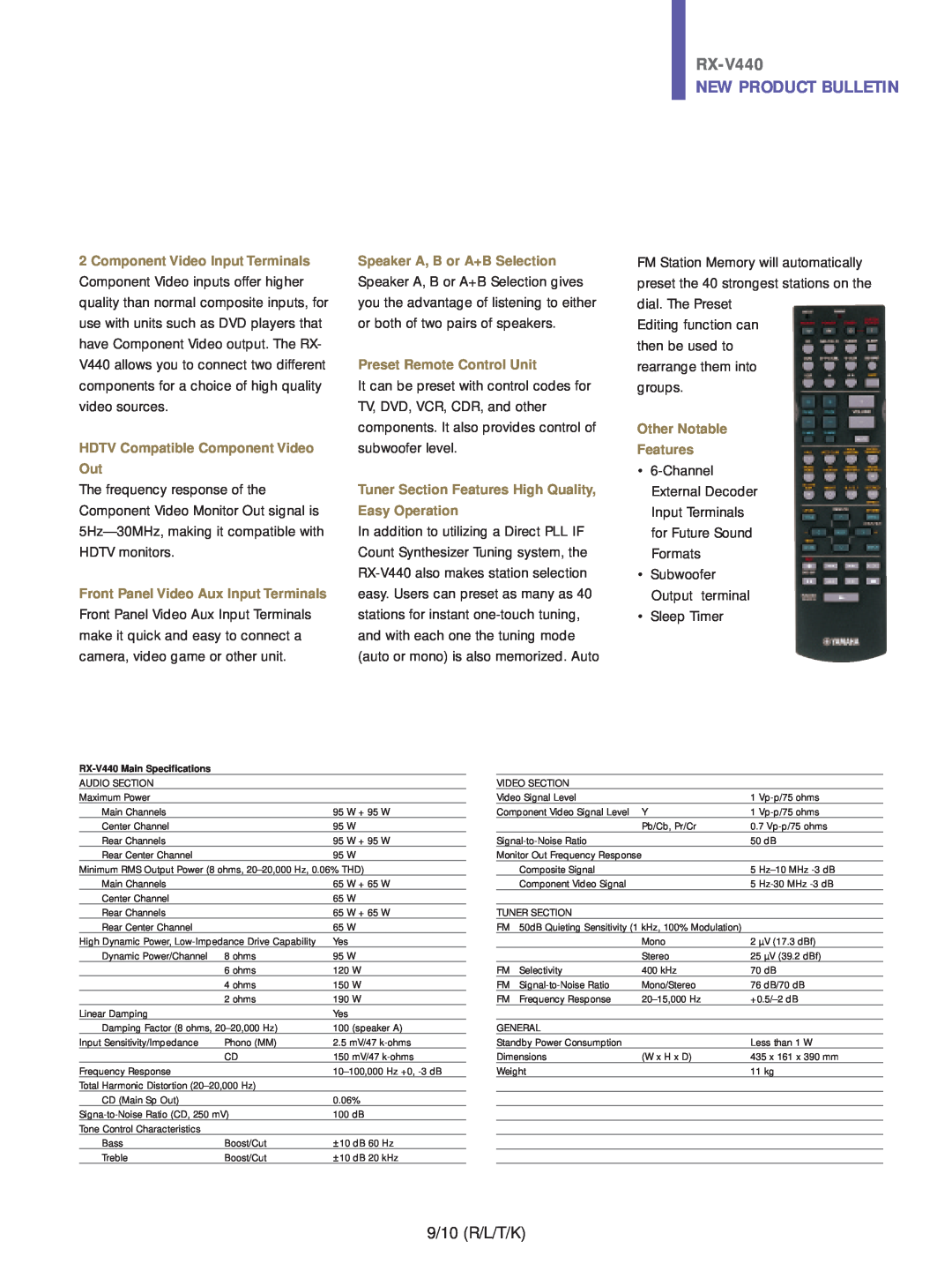 Yamaha RX-V440 New Product Bulletin, Component Video Input Terminals, HDTV Compatible Component Video Out, Easy Operation 