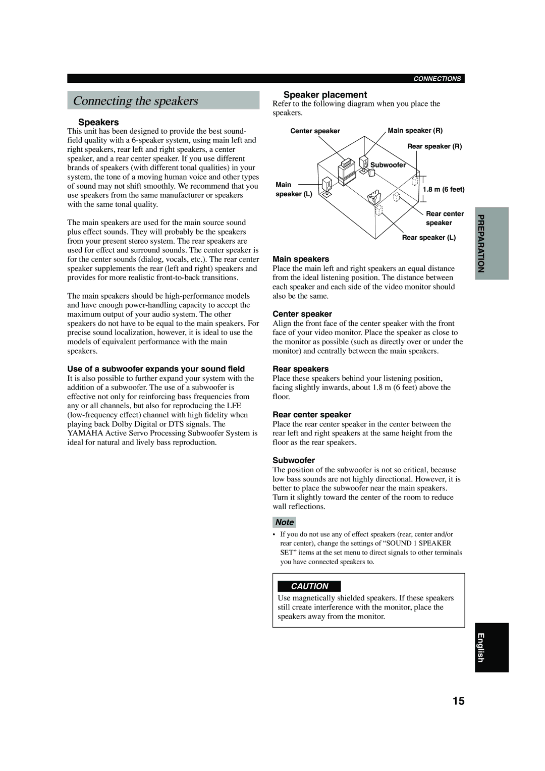 Yamaha RX-V440RDS owner manual Connecting the speakers, Speakers, Speaker placement 