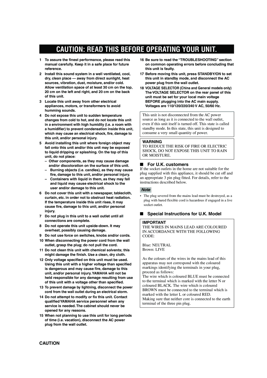 Yamaha RX-V440RDS owner manual For U.K. customers, Special Instructions for U.K. Model 