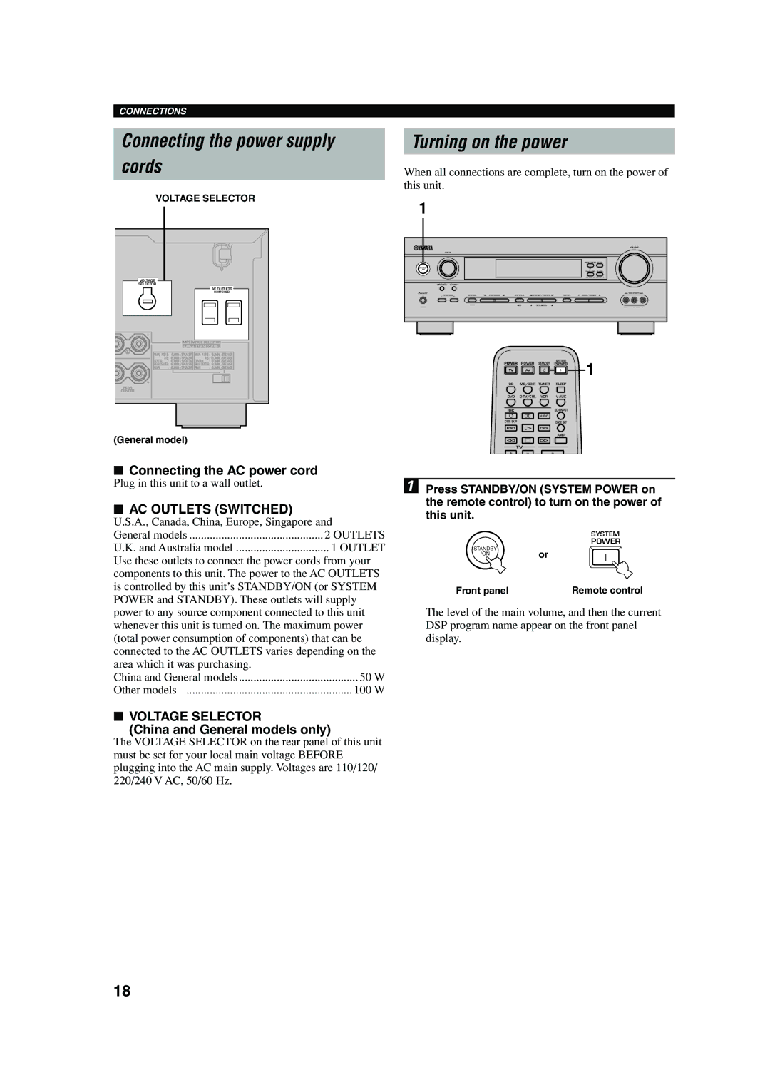 Yamaha RX-V440RDS Connecting the power supply Cords, Turning on the power, AC Outlets Switched, Voltage Selector 
