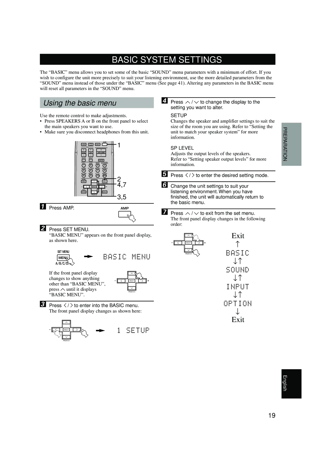 Yamaha RX-V440RDS owner manual Basic System Settings, Using the basic menu, Exit, Setup, SP Level 