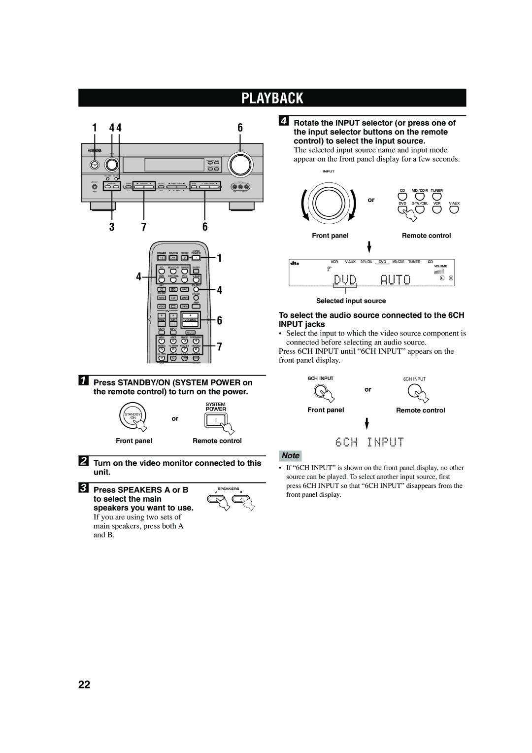 Yamaha RX-V440RDS Playback, To select the main Speakers you want to use, Front panel Remote control, Selected input source 